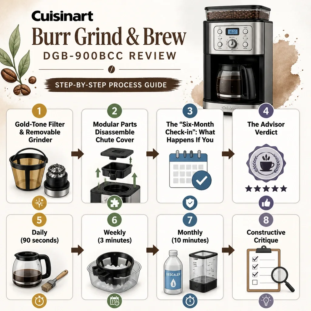 Step-by-step process guide and workflow infographic for Cuisinart Burr Grind & Brew DGB-900BCC Review