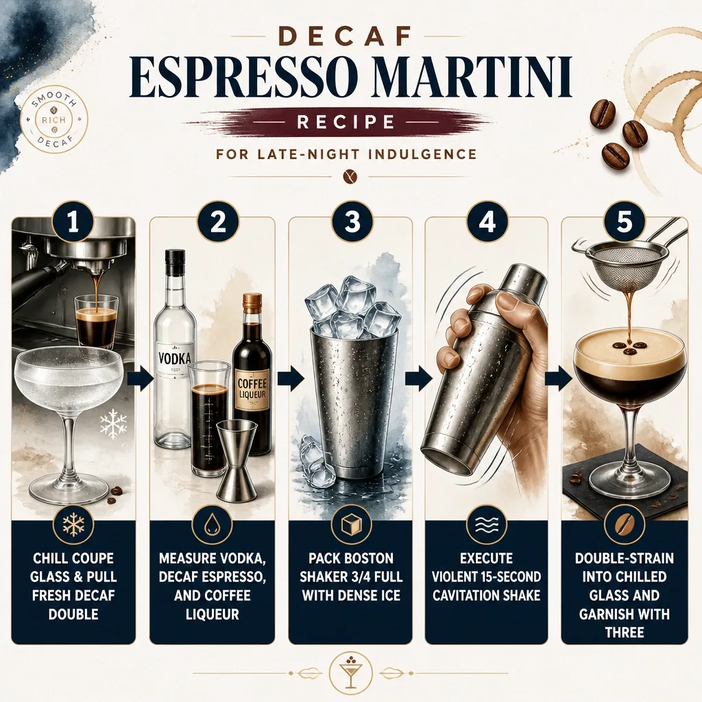 Step-by-step process guide and workflow infographic for Decaf Espresso Martini Recipe for Late-Night Indulgence