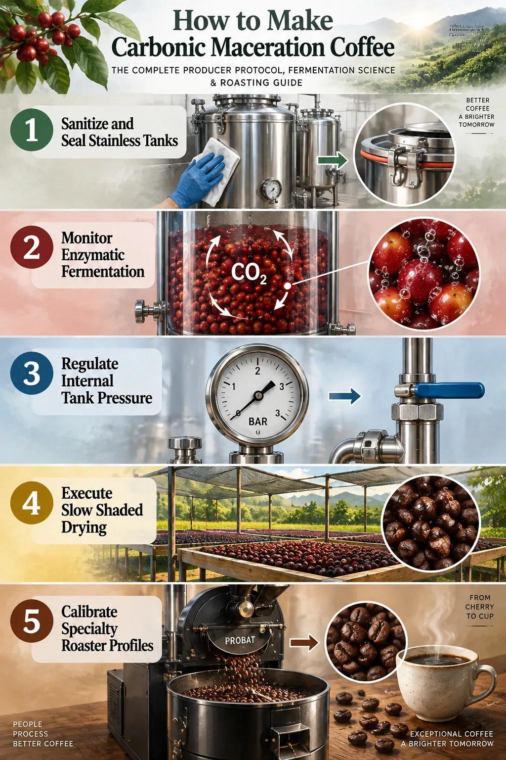 Carbonic Maceration Coffee Processing Science and Roasting Protocols 6 Step-by-step process guide and workflow infographic for How to Make Carbonic Maceration Coffee: The Complete Producer Protocol, Fermentation Science & Roasting Guide