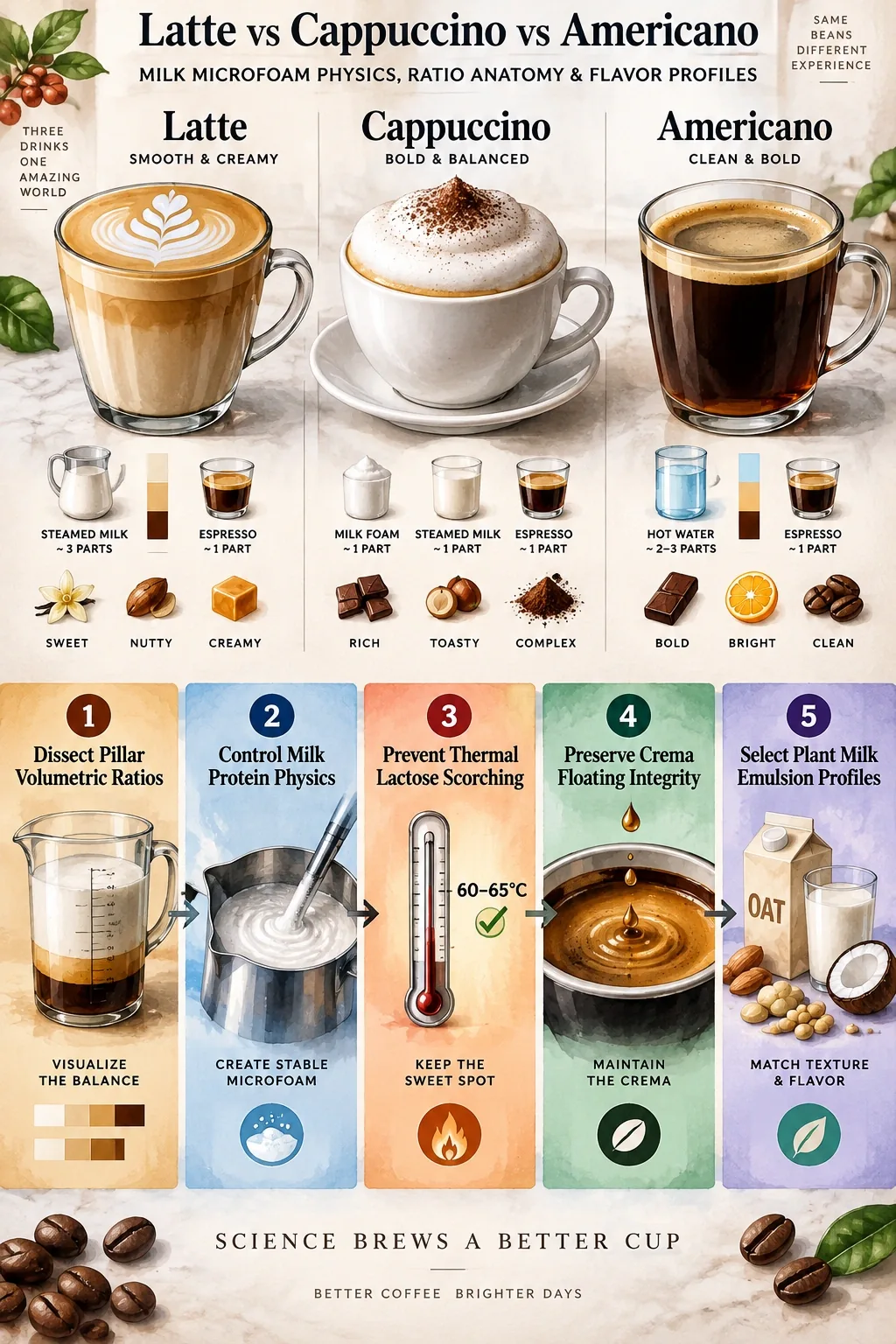 Step-by-step process guide and workflow infographic for Latte vs Cappuccino vs Americano: Milk Microfoam Physics, Ratio Anatomy & Flavor Profiles