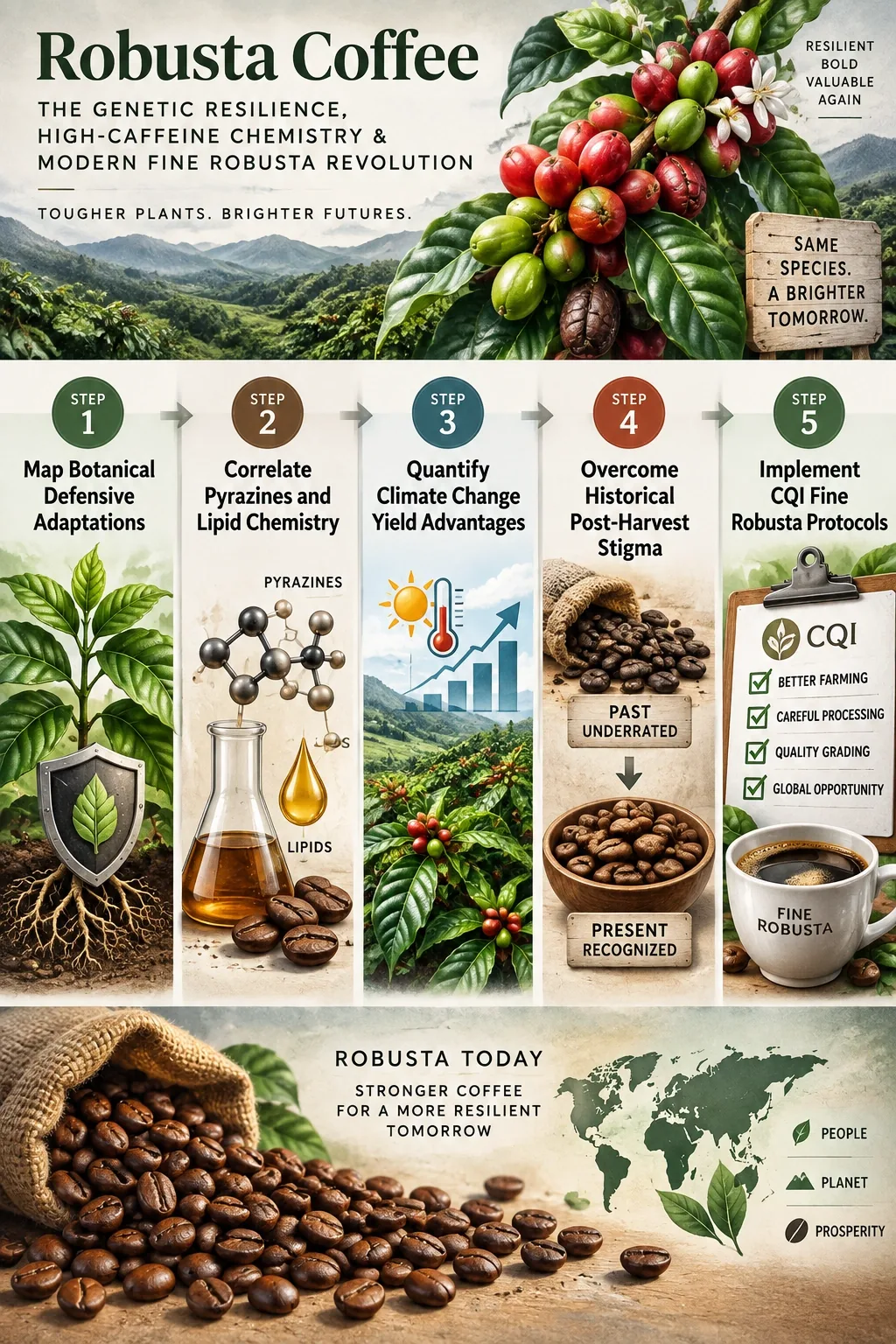 Step-by-step process guide and workflow infographic for Robusta Coffee: The Genetic Resilience, High-Caffeine Chemistry & Modern Fine Robusta Revolution
