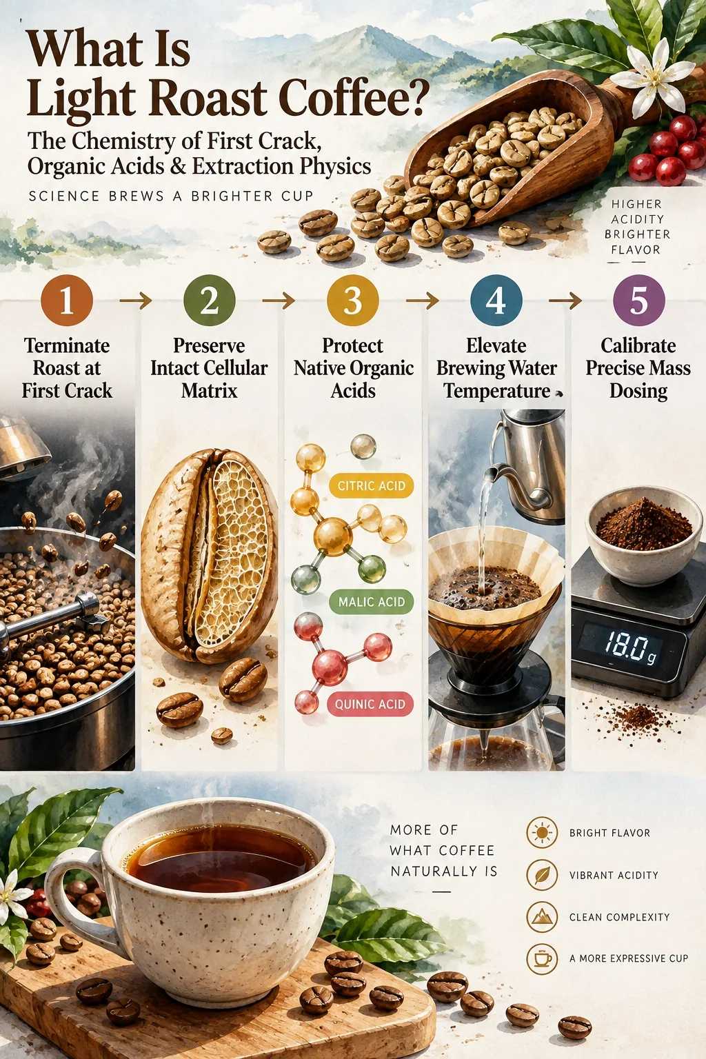 Step-by-step process guide and workflow infographic for What Is Light Roast Coffee? The Chemistry of First Crack, Organic Acids & Extraction Physics
