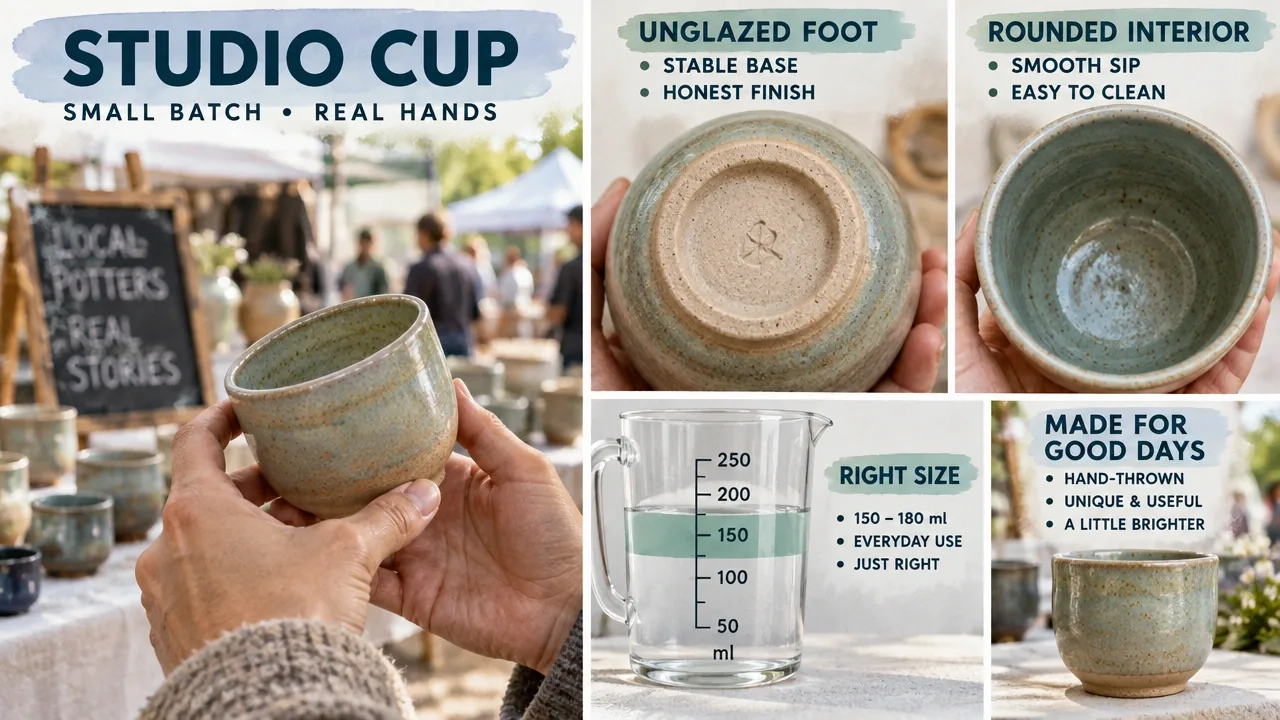 The Best Cappuccino Cups, Ranked by Geometry, Heat Retention, and Honest Tradeoffs 17 Documentary-style hand-thrown ceramic cup at potters' market with measuring jug confirming 150–180 ml capacity.