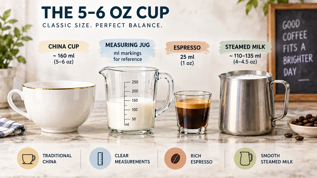 The Best Cappuccino Cups, Ranked by Geometry, Heat Retention, and Honest Tradeoffs 11 White feldspathic china cup at 160 ml beside measuring jug, 25 ml espresso, and steamed milk for a 5-6 oz volume envelope.