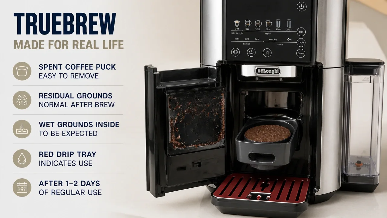De'Longhi True Brew Drip Coffee Maker: Is It Worth It? 13 TrueBrew coffee machine open brew area with spent coffee puck, wet grounds behind infuser, and red drip tray used