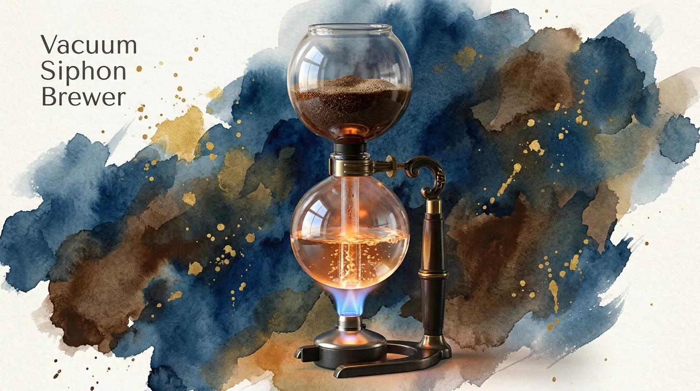 Glass vacuum siphon coffee brewer heated by a butane flame with bubbling water rising into the upper extraction chamber