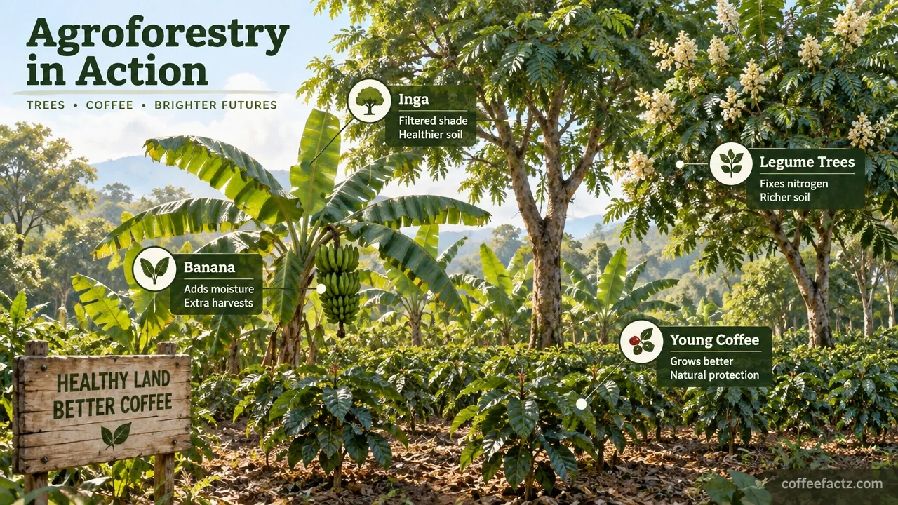 Coffee Cultivation: The Complete Farm Lifecycle From Soil to Cherry 10 Infographic showing Inga, banana, and legume canopy trees casting filtered shade over young coffee plants.