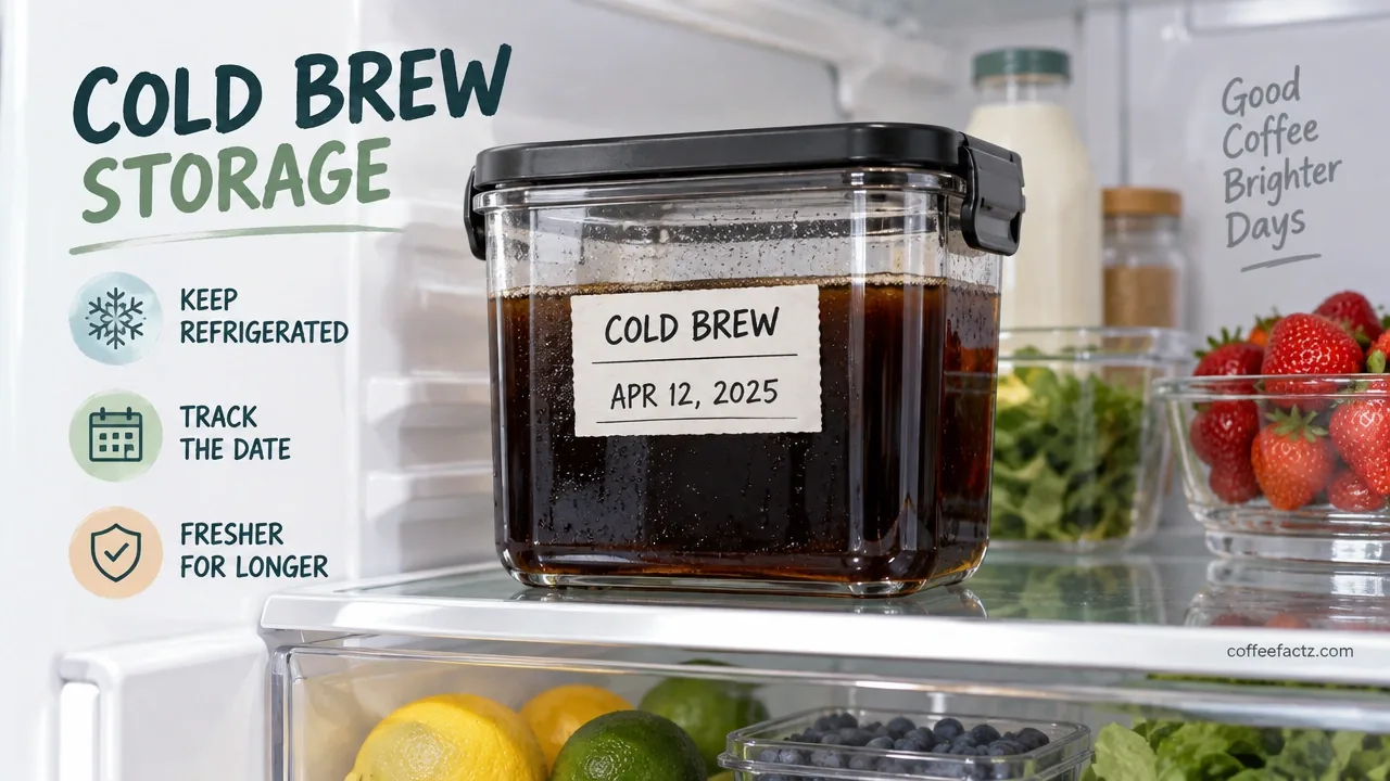 Airtight cold brew container labeled with a date sits on a refrigerator shelf, showing a shelf-life tracking setup.