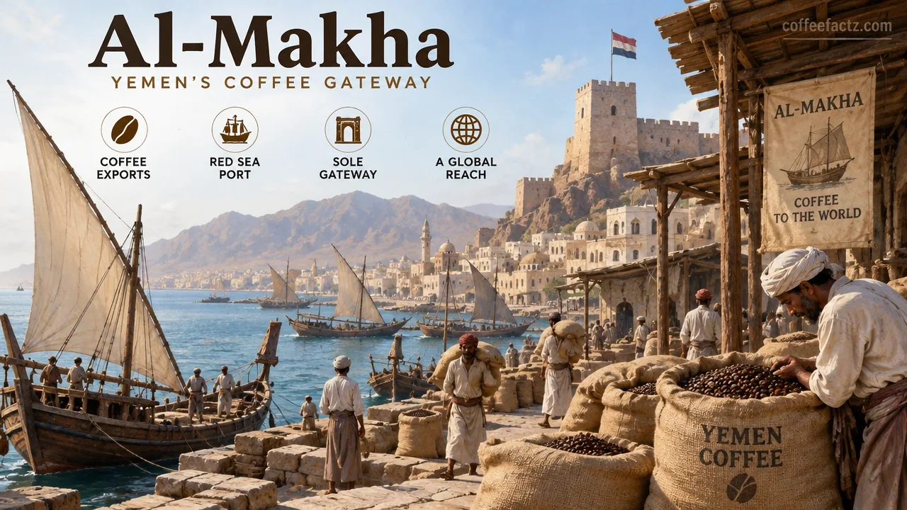 Historic Al-Makha Red Sea port with Yemeni coffee export ships, infographic labels, watercolor 3D style, coffeefactz.com.