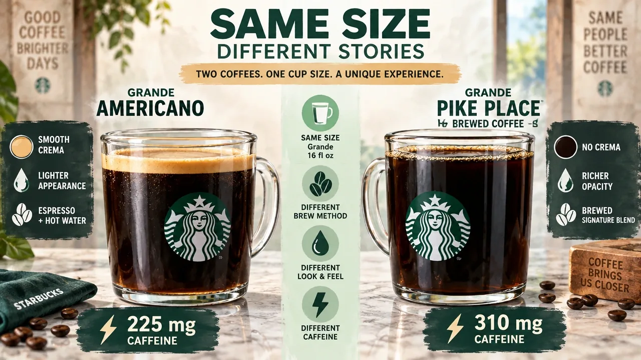 Side-by-side Grande Americano and Grande Pike Place brewed coffee showing crema, opacity, and caffeine differences.