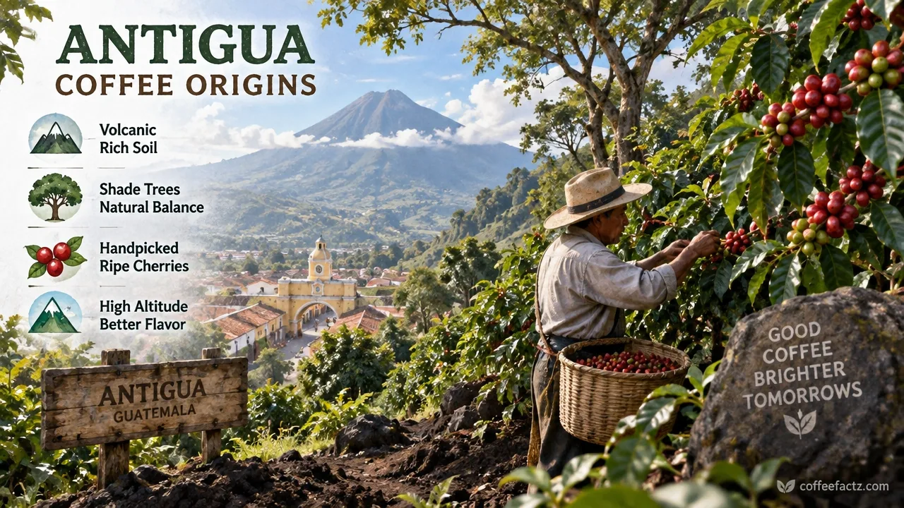 Coffee Origin Exploration: How Altitude, Genetics, and History Shape Every Cup You Drink 11 Coffee cherries on a volcanic valley slope in Antigua, Guatemala, with shade trees, rich soil, and infographic overlays.