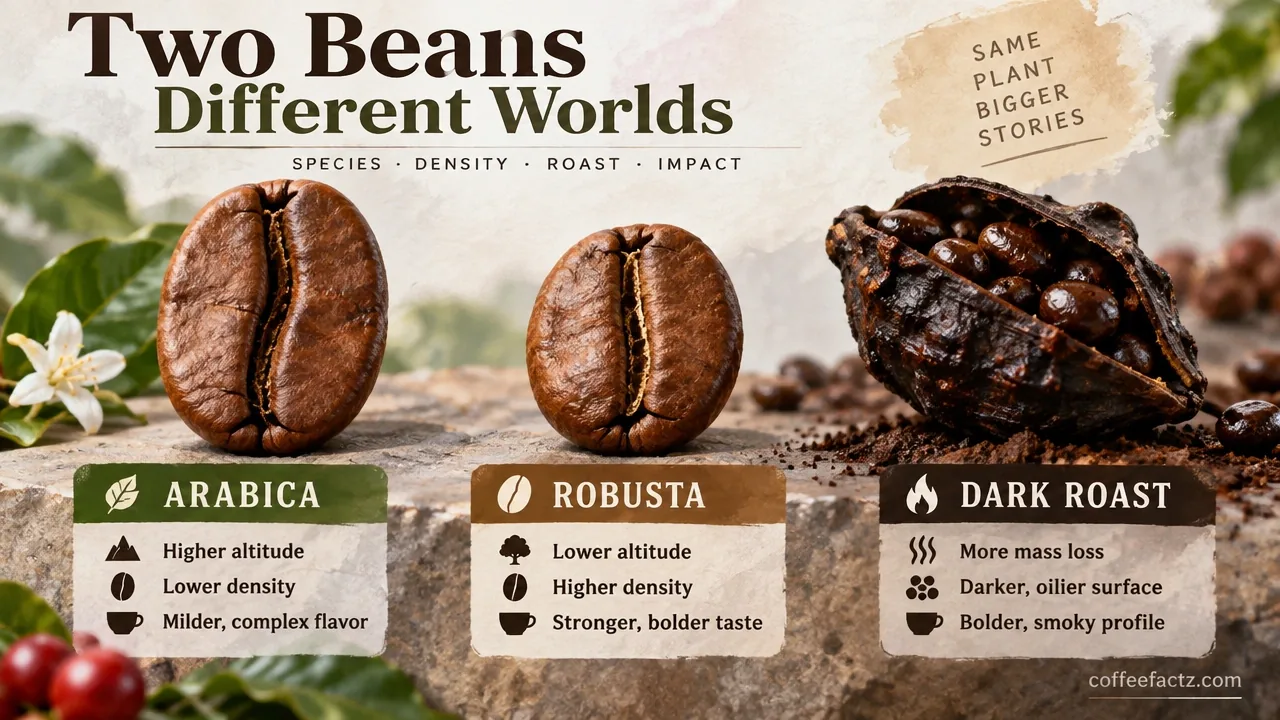 Macro image of Arabica and Robusta coffee beans beside a dark-roasted pod showing species density and roast mass differences.