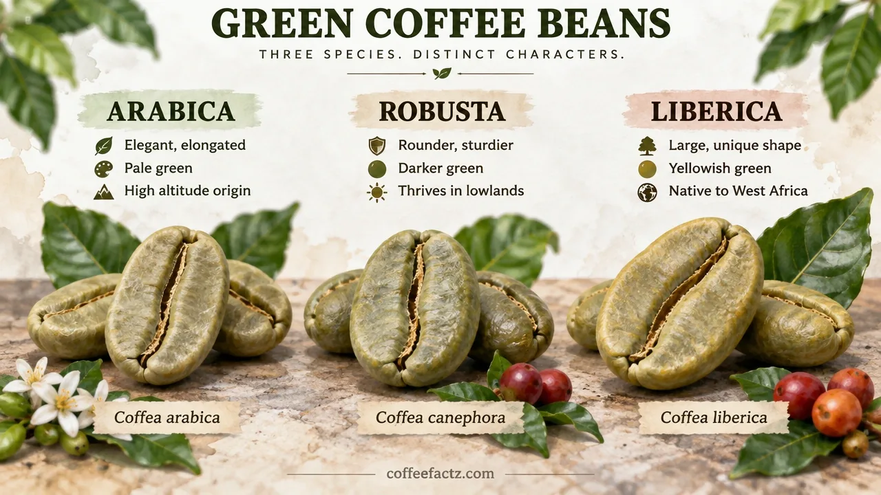 Macro documentary still life of green Arabica, Robusta, and Liberica coffee beans side by side showing size, color, and species differences.
