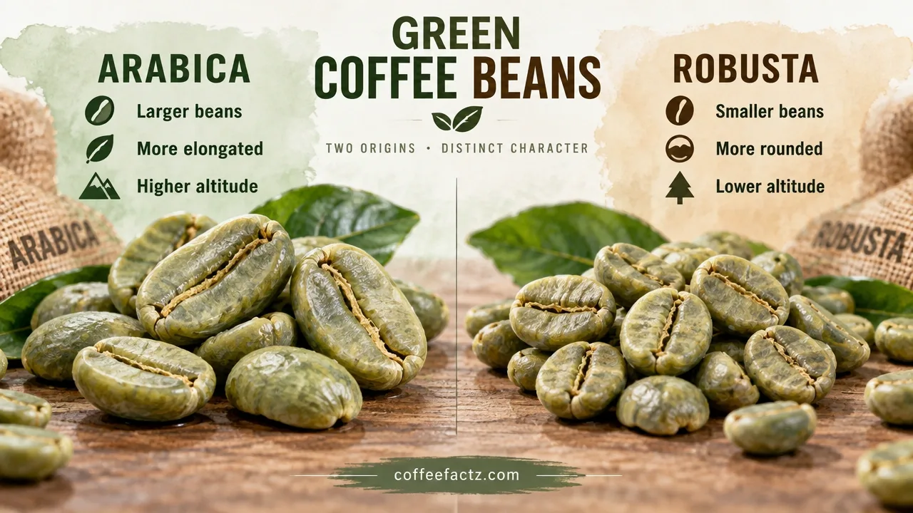 Macro view of Arabica and Robusta green coffee beans side by side, showing size and shape differences as raw ingredients