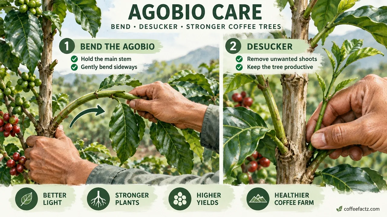 Coffee Cultivation: The Complete Farm Lifecycle From Soil to Cherry 11 Close-up of hands bending an agobio branch and removing suckers on a coffee tree, showing exposed stems and hand placement.