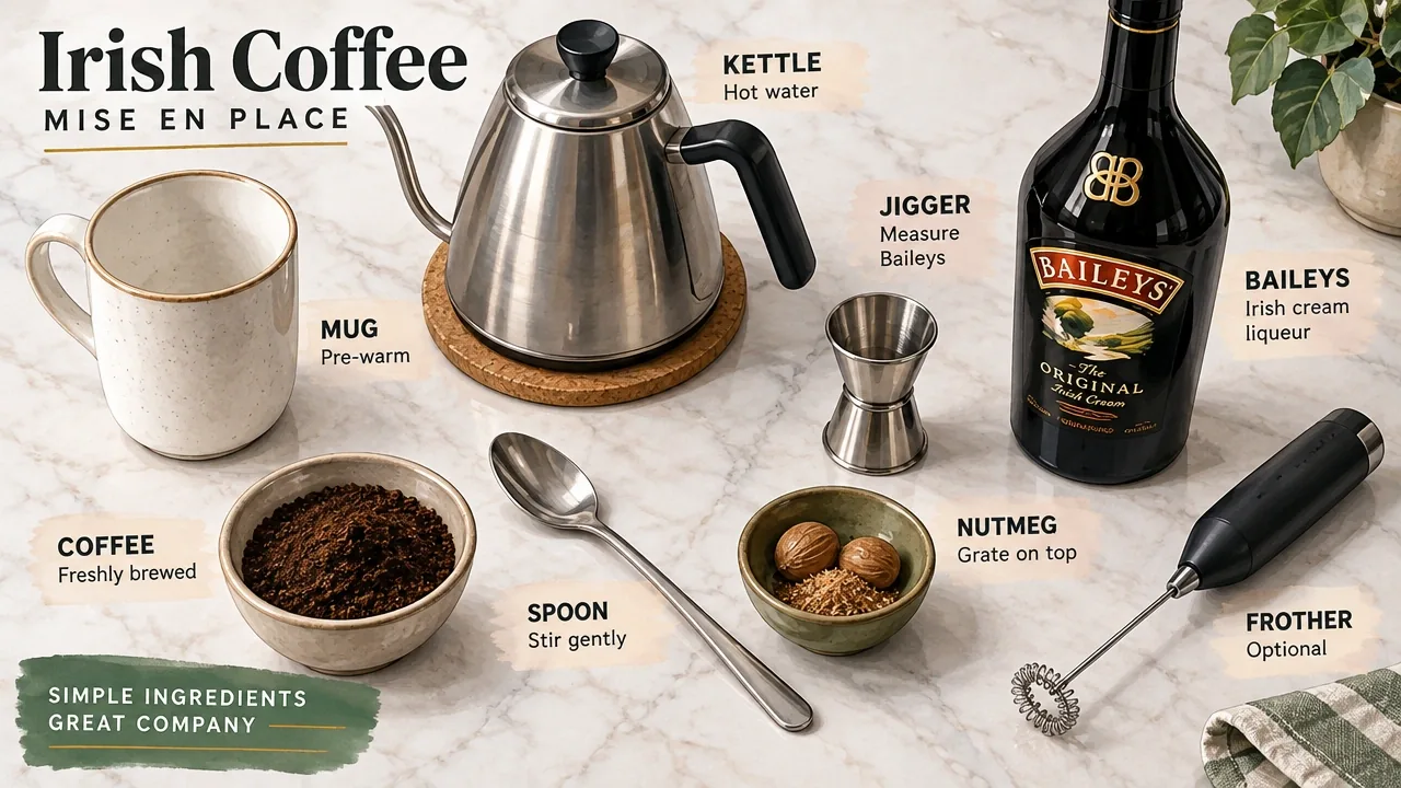 Overhead mise en place with mug, kettle, jigger, spoon, coffee, Baileys, nutmeg, and frother on a bright studio surface.