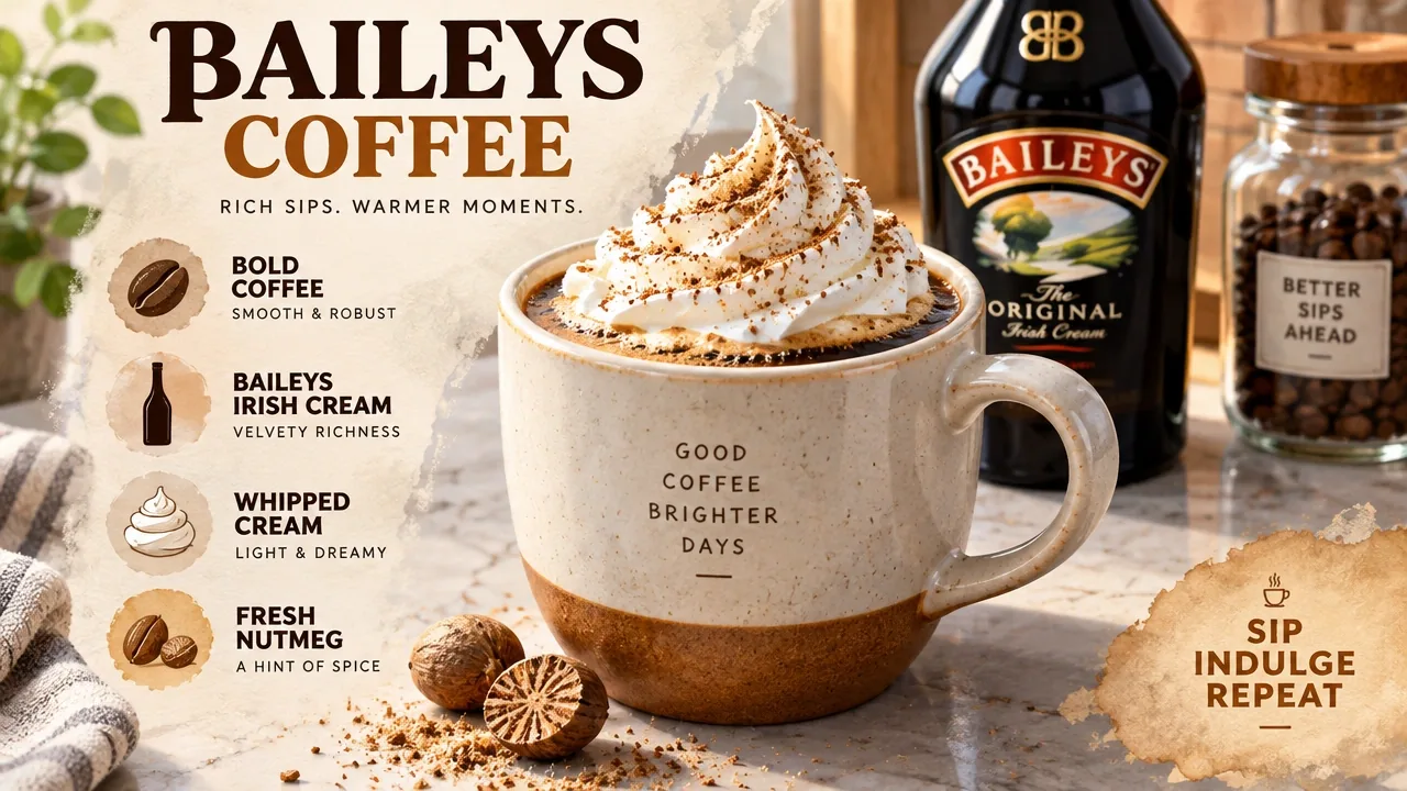 Macro shot of whipped cream floating on Baileys coffee with freshly grated nutmeg and a warm mug on a countertop.