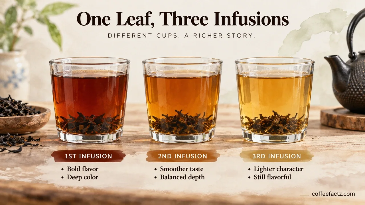 Three identical glasses of black tea show successive infusions, illustrating extraction strength and escalation order.