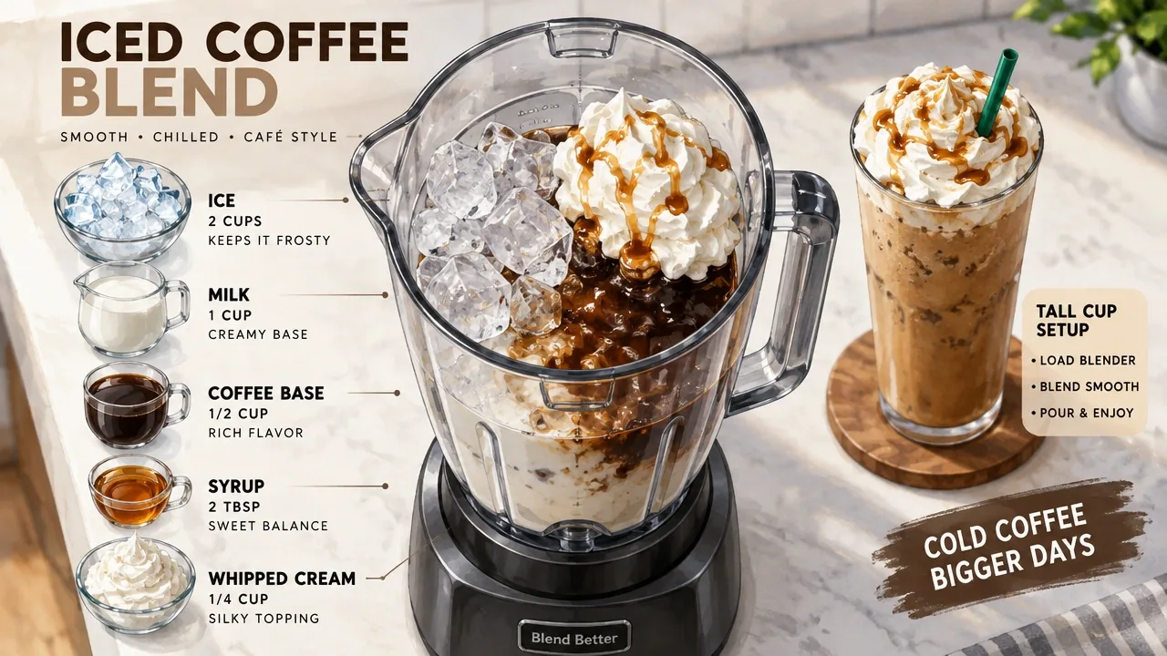 Cappuccino vs Frappuccino: 7 Real Differences Most People Get Wrong 8 Overhead blender jar with ice, milk, coffee base, syrup, and whipped cream, showing ice-to-liquid ratio for tall cup setup.