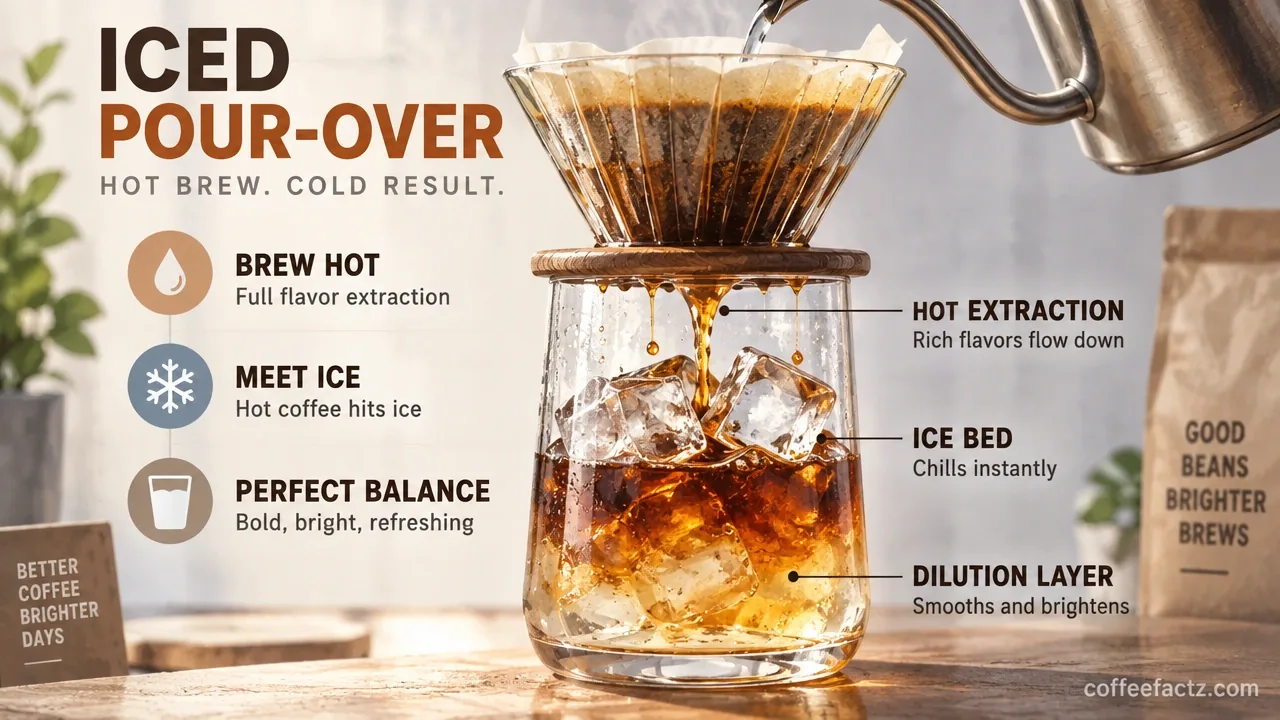 Close-up of a blonde pour-over brewed hot over ice, showing extraction meeting the ice bed and forming a dilution layer.
