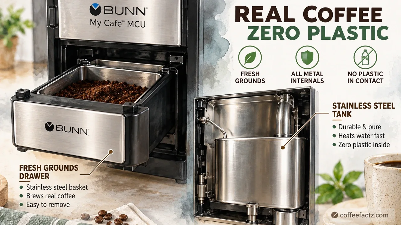 The 9 Best Small Coffee Makers: Compact Picks That Actually Fit Your Counter and Your Cup 26 Close-up of Bunn My Cafe MCU fresh grounds drawer and stainless steel tank showing zero-plastic internals.