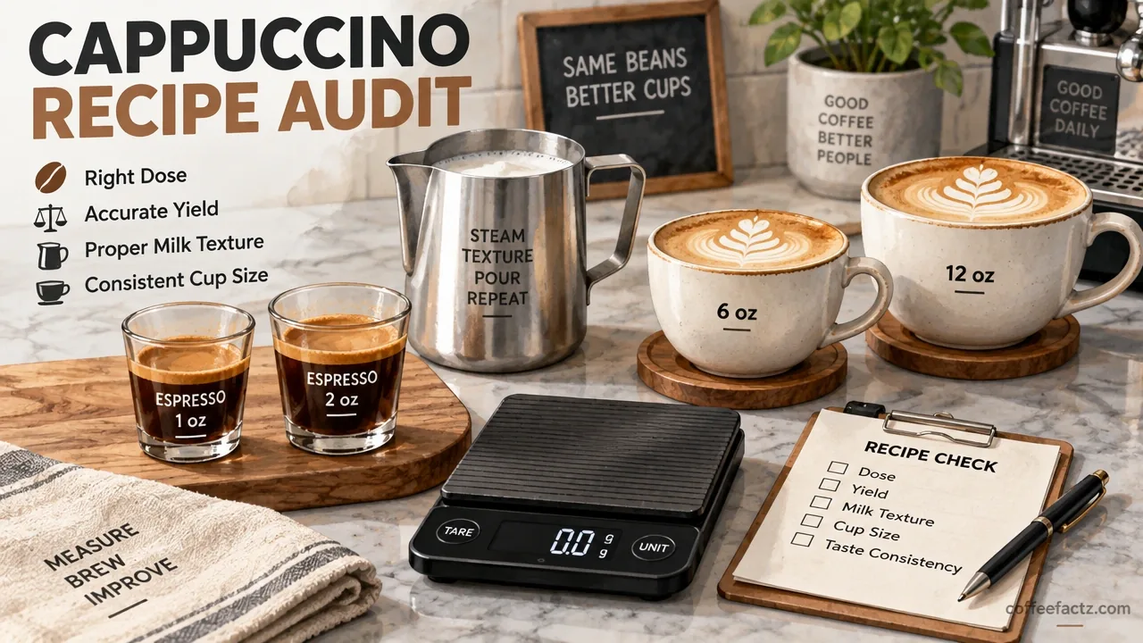 Macro cafe recipe audit with espresso shot glasses, digital scale, milk pitcher, and 6 oz vs 12 oz cappuccino cups.