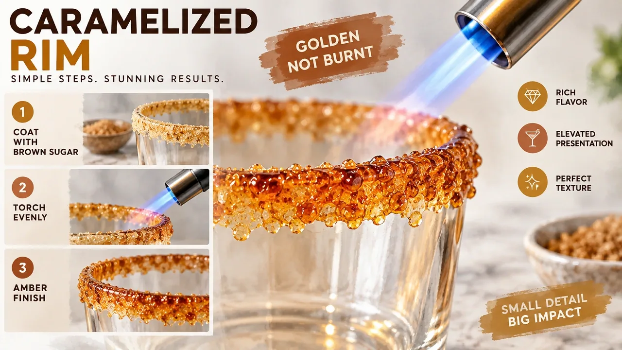 Macro image of a heat-resistant glass rim coated in brown sugar, caramelized with a kitchen torch to an even amber finish.