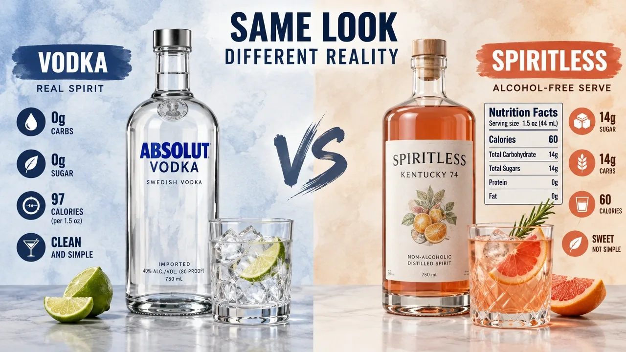 Side-by-side comparison of carbohydrate-free vodka and an alcohol-free spirit with visible nutrition panels.