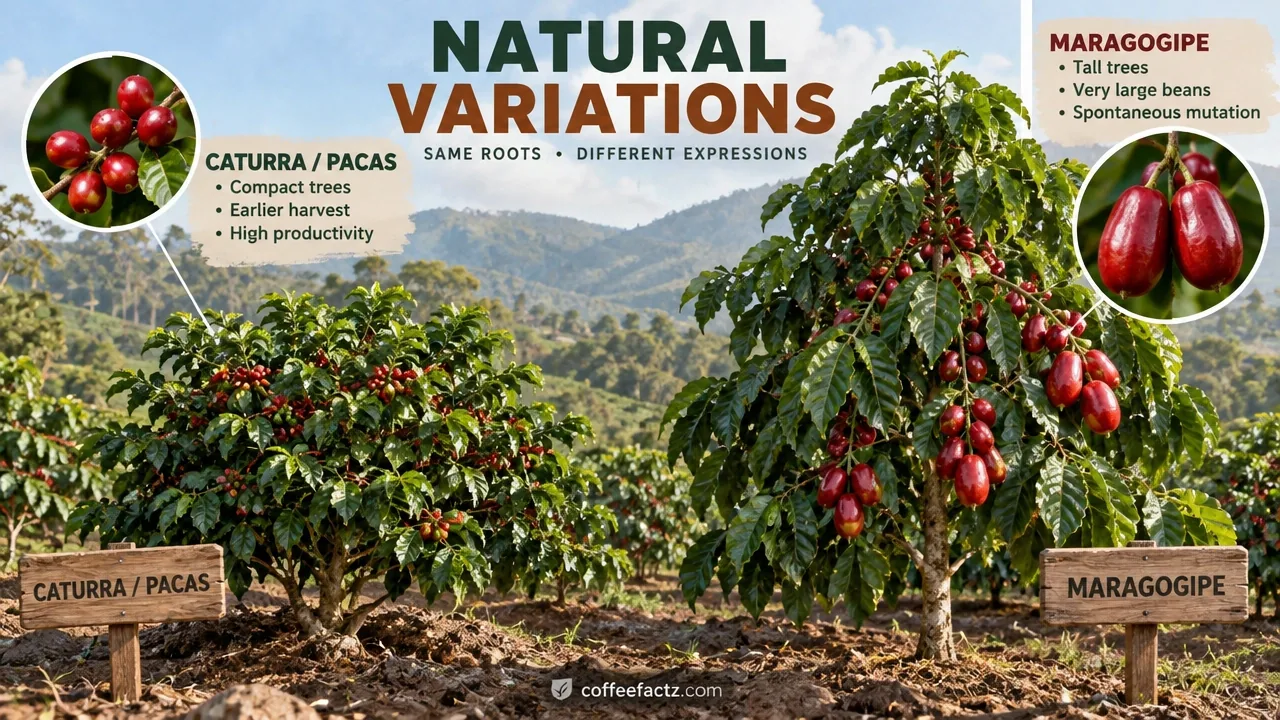 Compact Caturra and Pacas trees beside large Maragogipe cherries in a field, showing dwarf and gigas mutations.