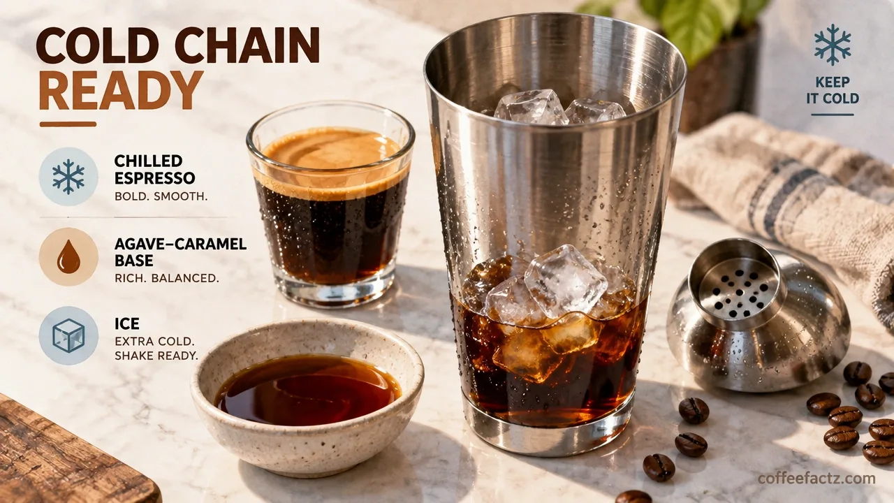 Close-up of chilled espresso and dark agave-caramel base in a shaker with ice, cold-chain step before shaking.