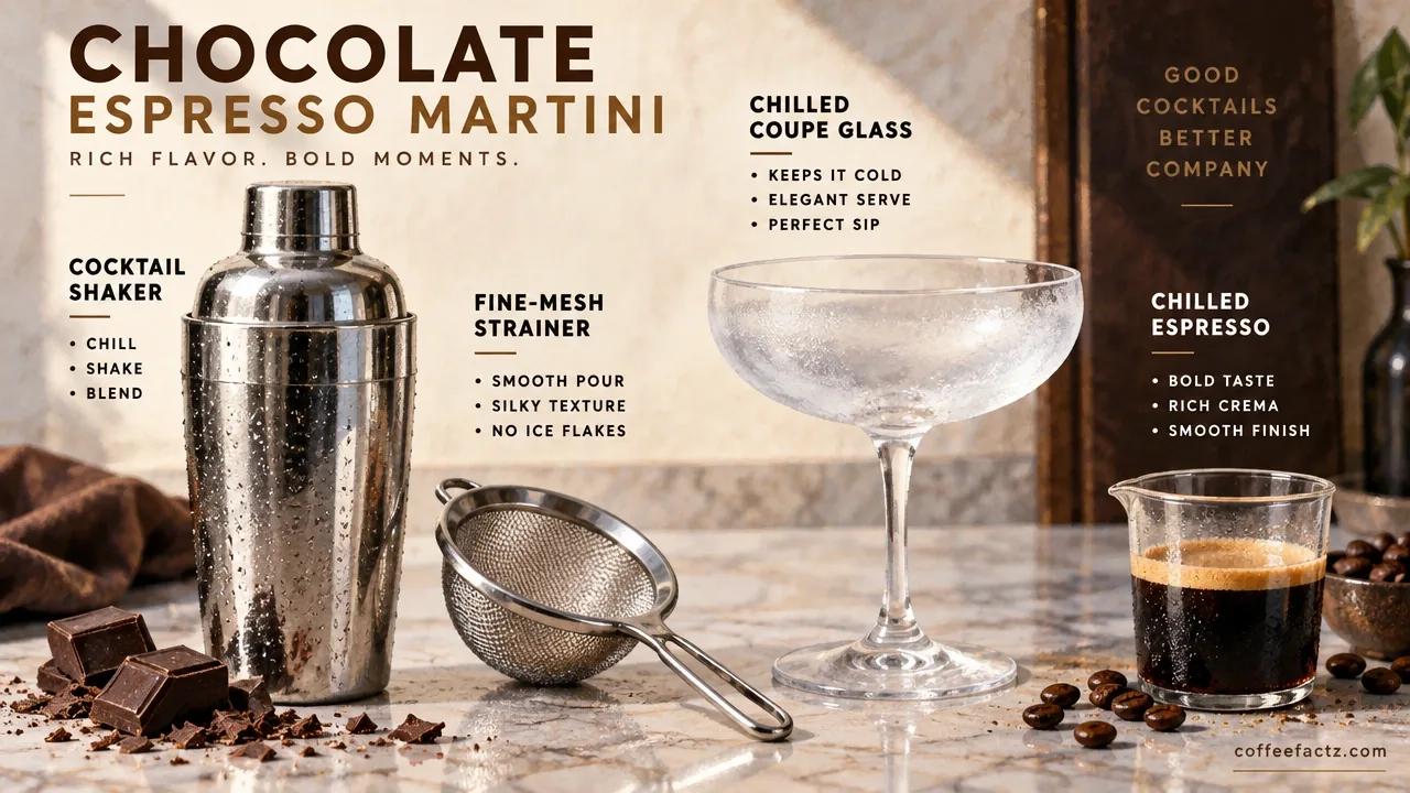 Macro cocktail shaker, fine-mesh strainer, chilled coupe glass, and chilled espresso for a chocolate espresso martini.
