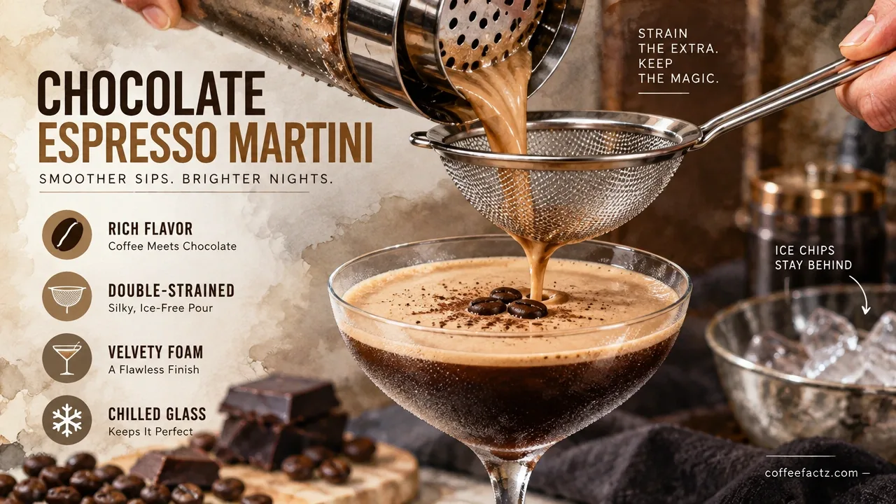 Macro shot of chocolate espresso martini double-strained into a chilled glass, removing ice chips and preserving foam.