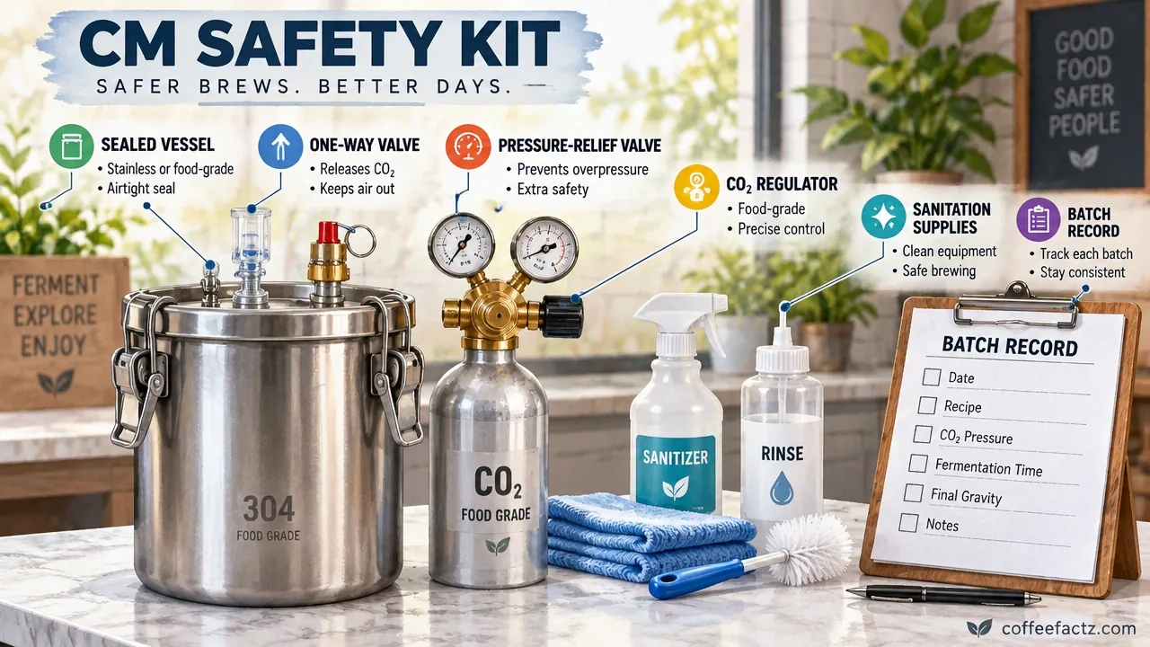 CM safety kit with sealed vessel, one-way valve, pressure-relief valve, CO2 regulator, sanitation supplies, and batch records
