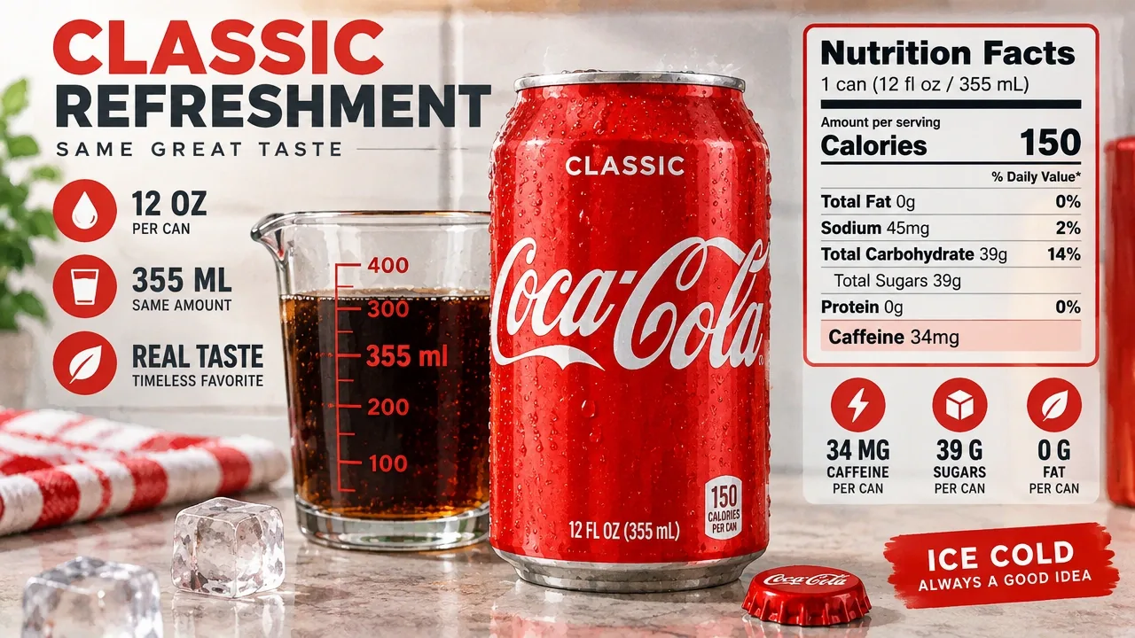 Macro view of a 12 oz Classic Coca-Cola can beside a 355 ml measuring cup, with Nutrition Facts panel and caffeine line visible.