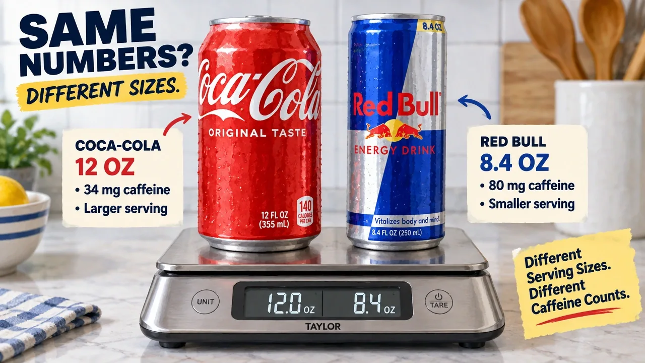 Side-by-side 12 oz Coca-Cola and 8.4 oz Red Bull cans on a kitchen scale showing caffeine and serving-size differences.