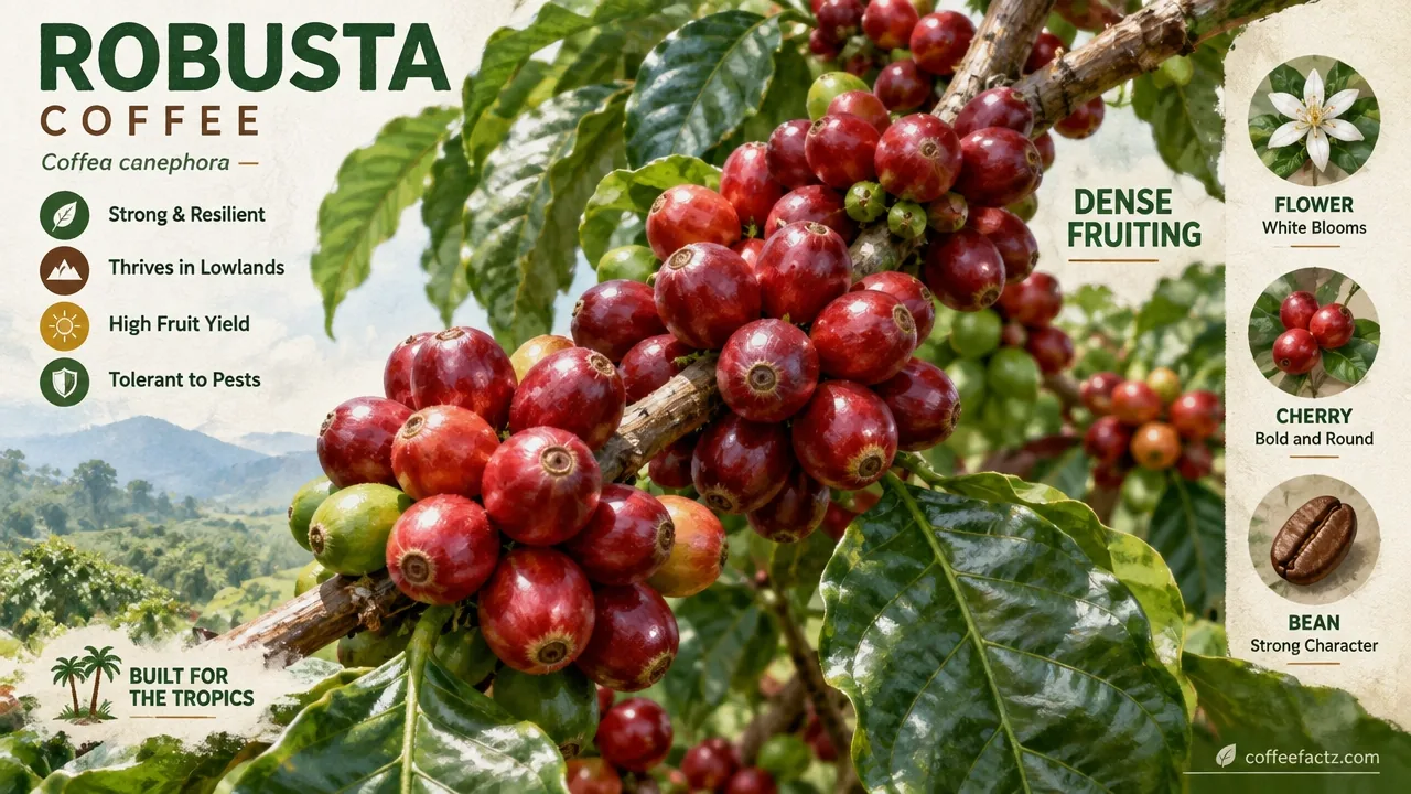 Robusta Coffee: The Botanical, Chemical, and Fine Robusta Revolution You Need to Understand 8 Macro view of dense Coffea canephora cherries clustered on a lowland branch, showing robust fruiting architecture.