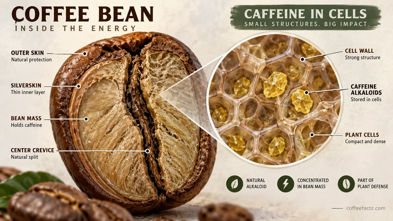 Macro cross-section of a coffee bean showing cellular structure and caffeine alkaloids in a hyper-realistic watercolor infographic.