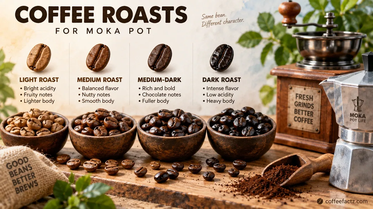 Macro coffee beans at different roast levels beside a grinder, showing freshness and roast density for moka pot brewing.