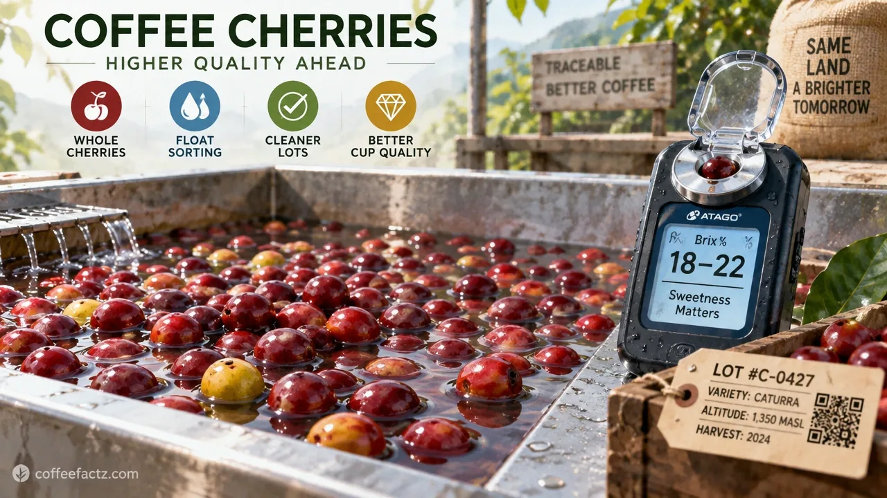 Whole coffee cherries in a float-sorting tank beside a refractometer reading Brix 18 to 22 with traceable lot tags.