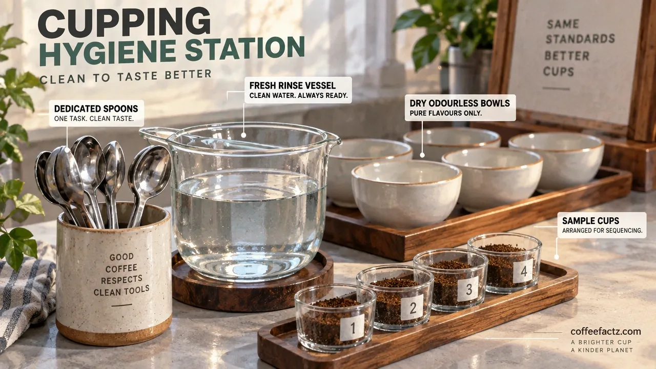 Close documentary shot of a cupping hygiene station with dedicated spoons, rinse vessel, dry bowls, and separate sample cups.