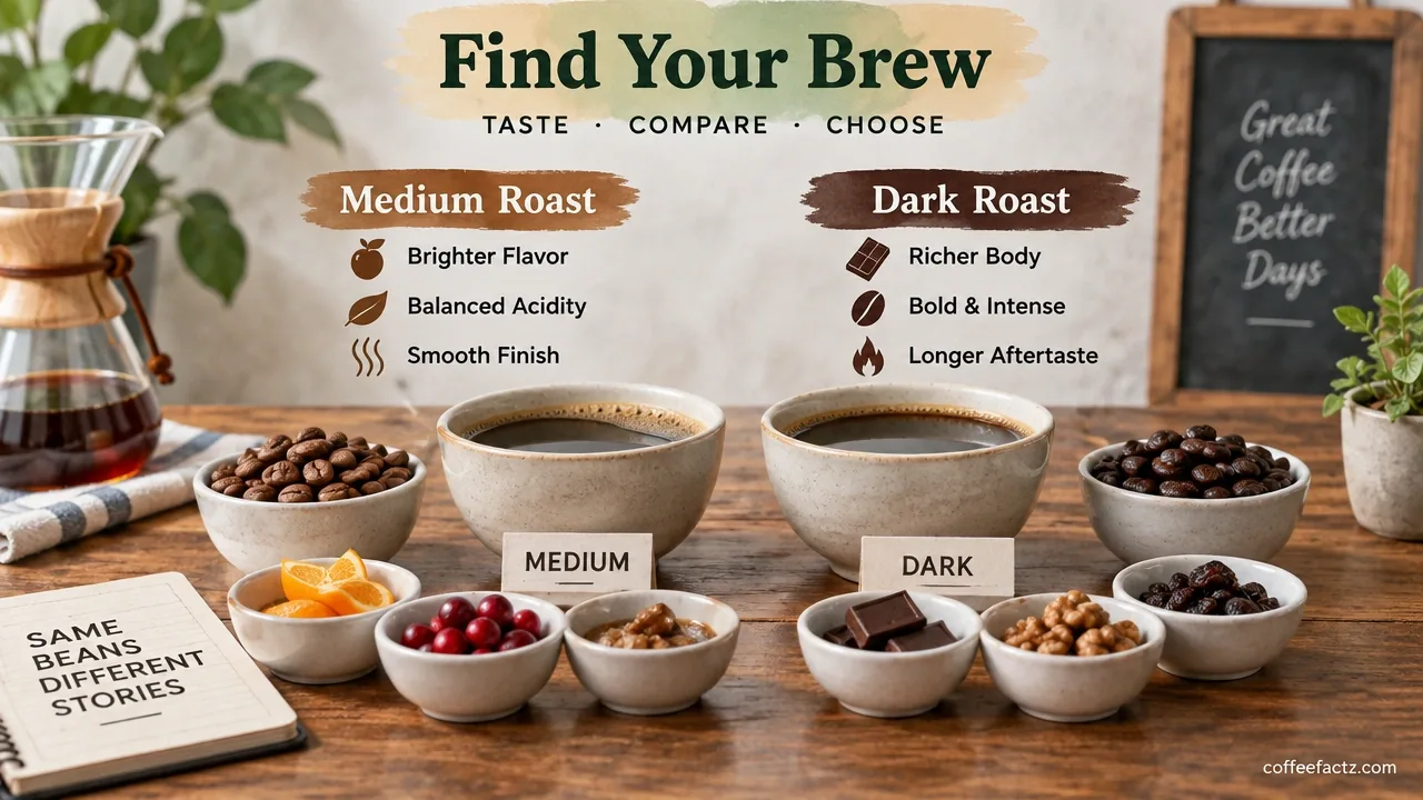 Side-by-side medium and dark roast coffee brews in cupping bowls for sensory preference and selection goals.