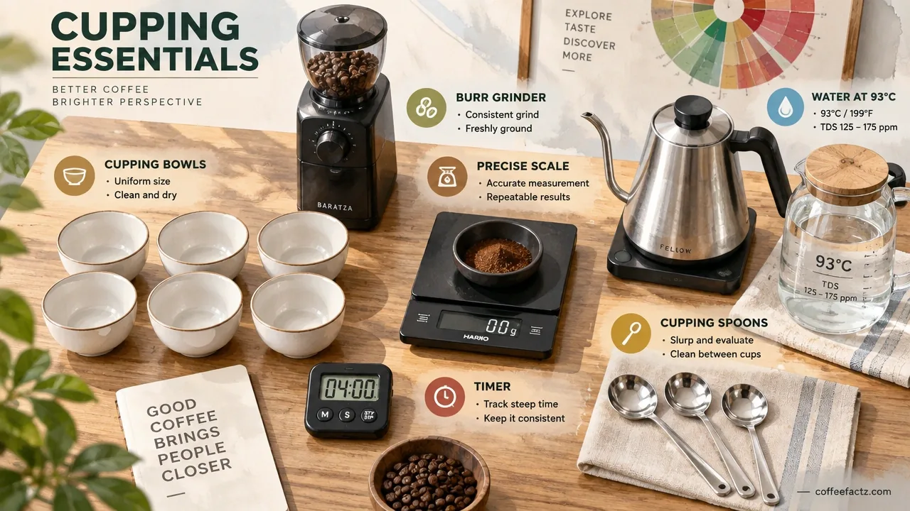 Overhead coffee cupping kit: bowls, burr grinder, scale, timer, spoons, and 93°C water at 125–175 ppm TDS.