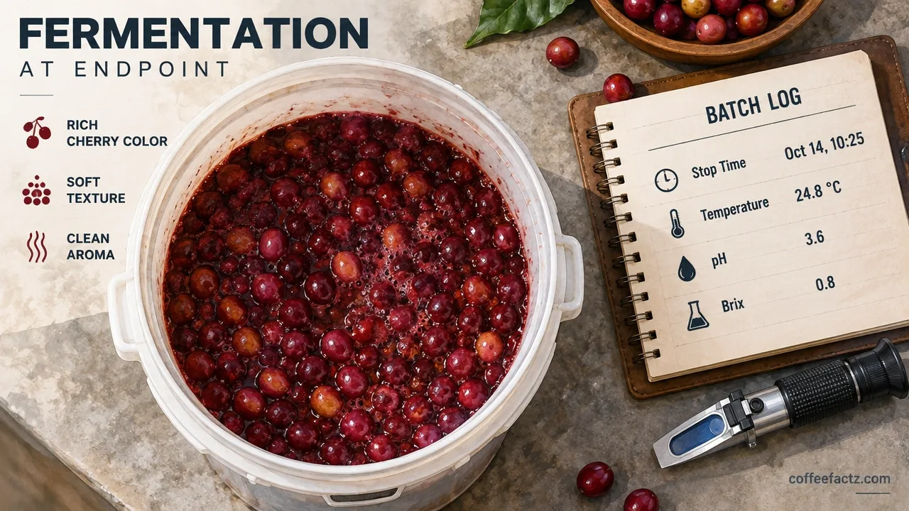 Overhead view of closed coffee fermentation batch at endpoint, cherry texture beside logbook with stop time, pH, and Brix.