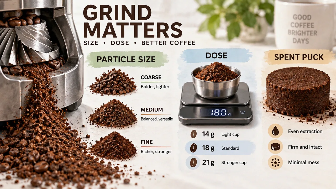 Macro coffee grounds from a burr grinder beside a dosing scale and spent puck, showing particle size and dose variables.