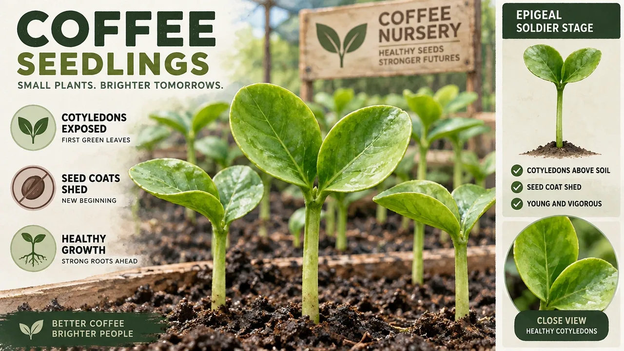 Macro documentary of coffee seedlings at epigeal soldier stage, cotyledons exposed and seed coats shed in a nursery bed.