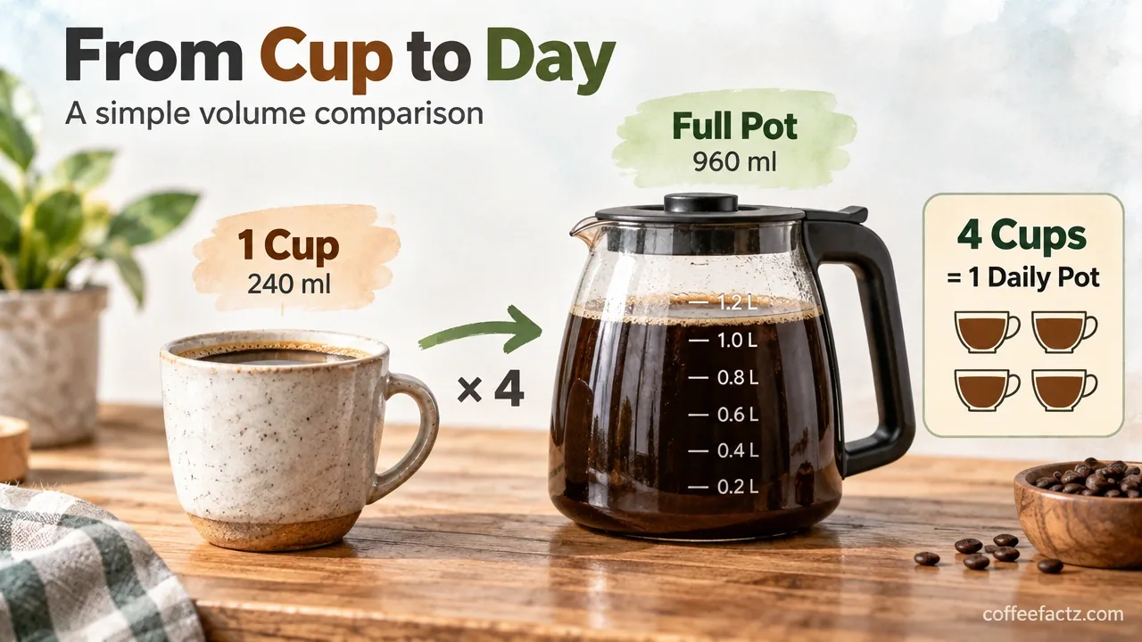 A standard coffee cup beside a larger vessel with measured volumes, illustrating per-serving to daily total conversion.