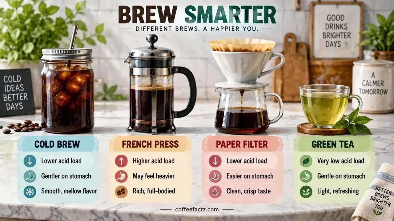 Infographic comparing cold brew, French press, and paper-filtered coffee beside green tea for acid load and gastric comfort.
