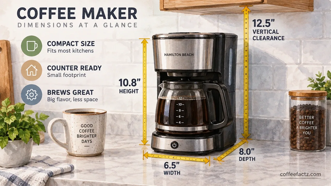 The 9 Best Small Coffee Makers: Compact Picks That Actually Fit Your Counter and Your Cup 17 Compact coffee maker on kitchen counter with measuring tape marking width, depth, height, and vertical clearance.