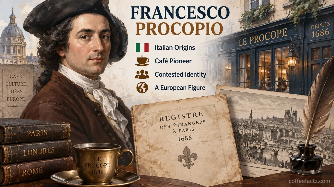 Archival portrait and document details showing the contested biographical record of Francesco Procopio dei Coltelli.