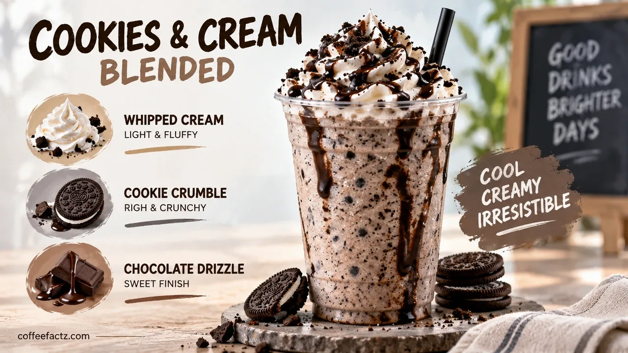 Close-up of blended cookies and cream frappuccino with whipped cream, cookie crumble, chocolate drizzle, and icy texture.